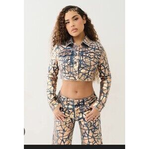 True Religion Cropped Cracked Foil Denim Jacket Size S